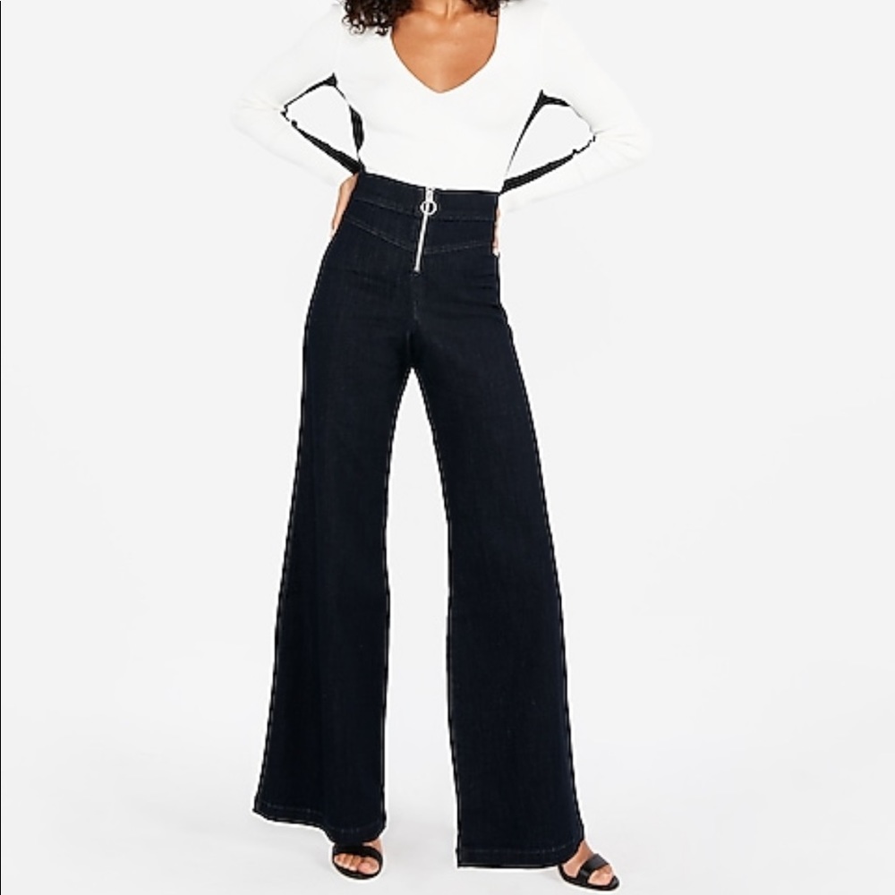 SUPER HIGH WAISTED EXPOSED ZIP STRETCH WIDE LEG JEANS navy blue size 4L